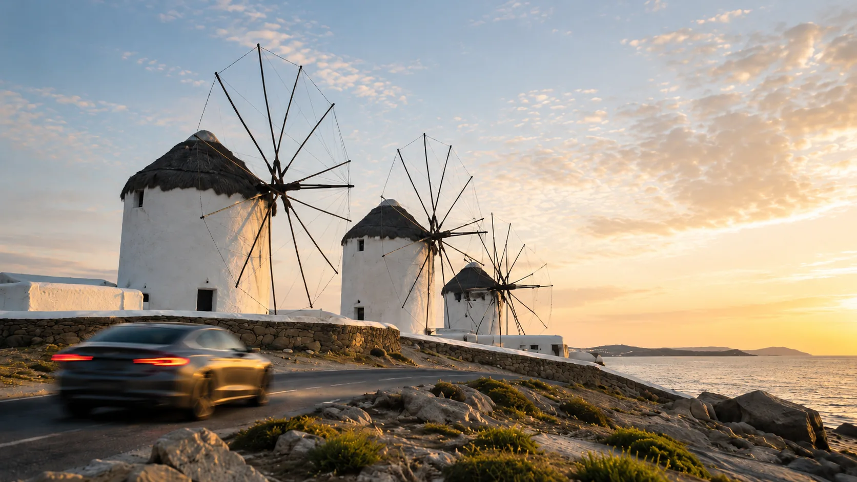 A car driving past the windmills of Mykonos at sunset
