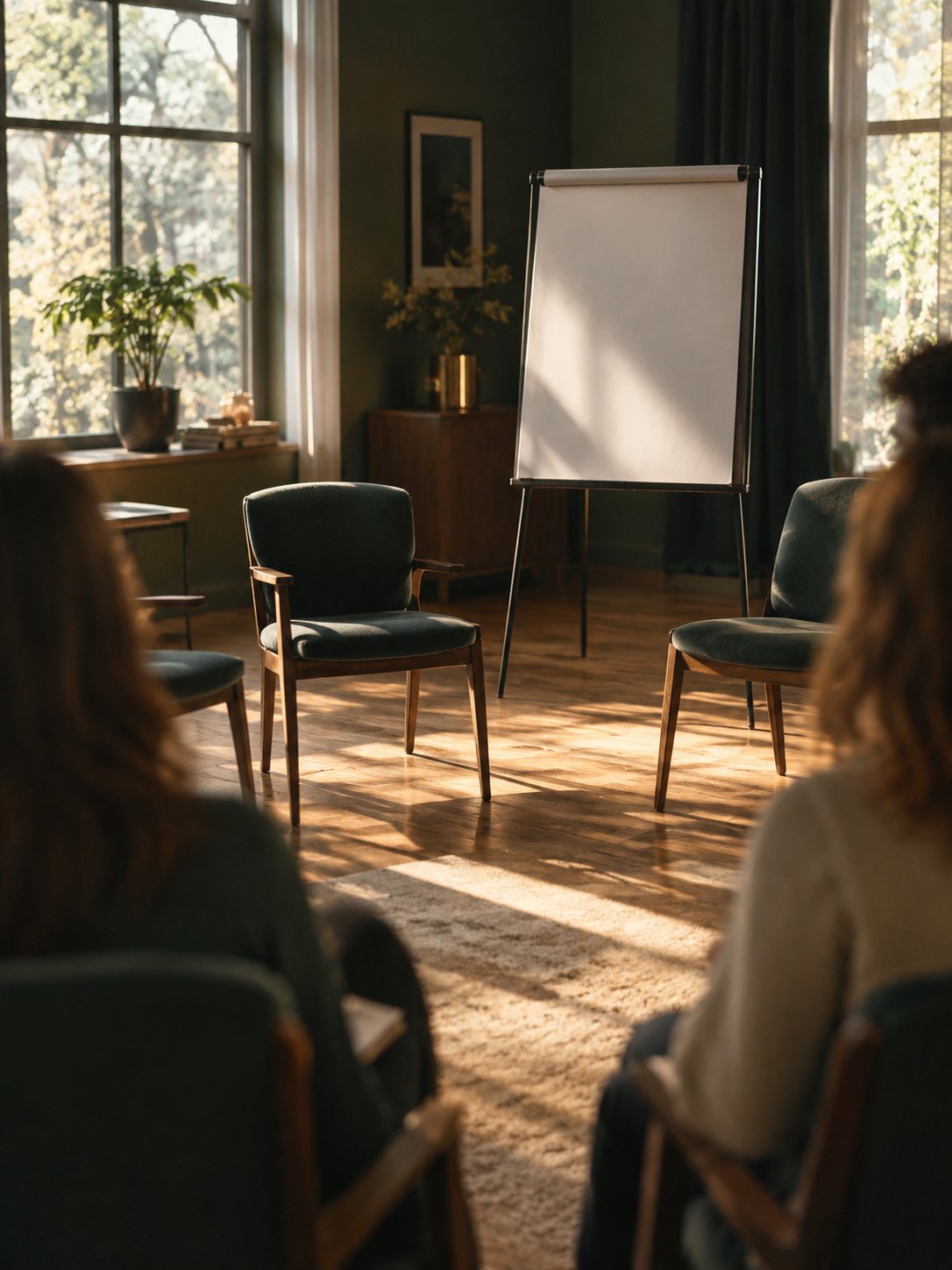 Αίθουσα workshop με καρέκλες σε κύκλο και φλιπ τσαρτ